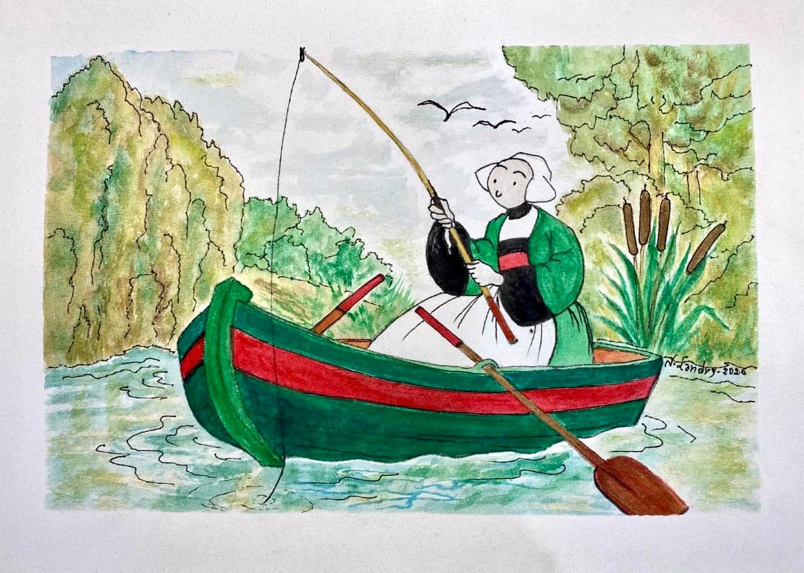 Bécassine pêchant dans une barque verte