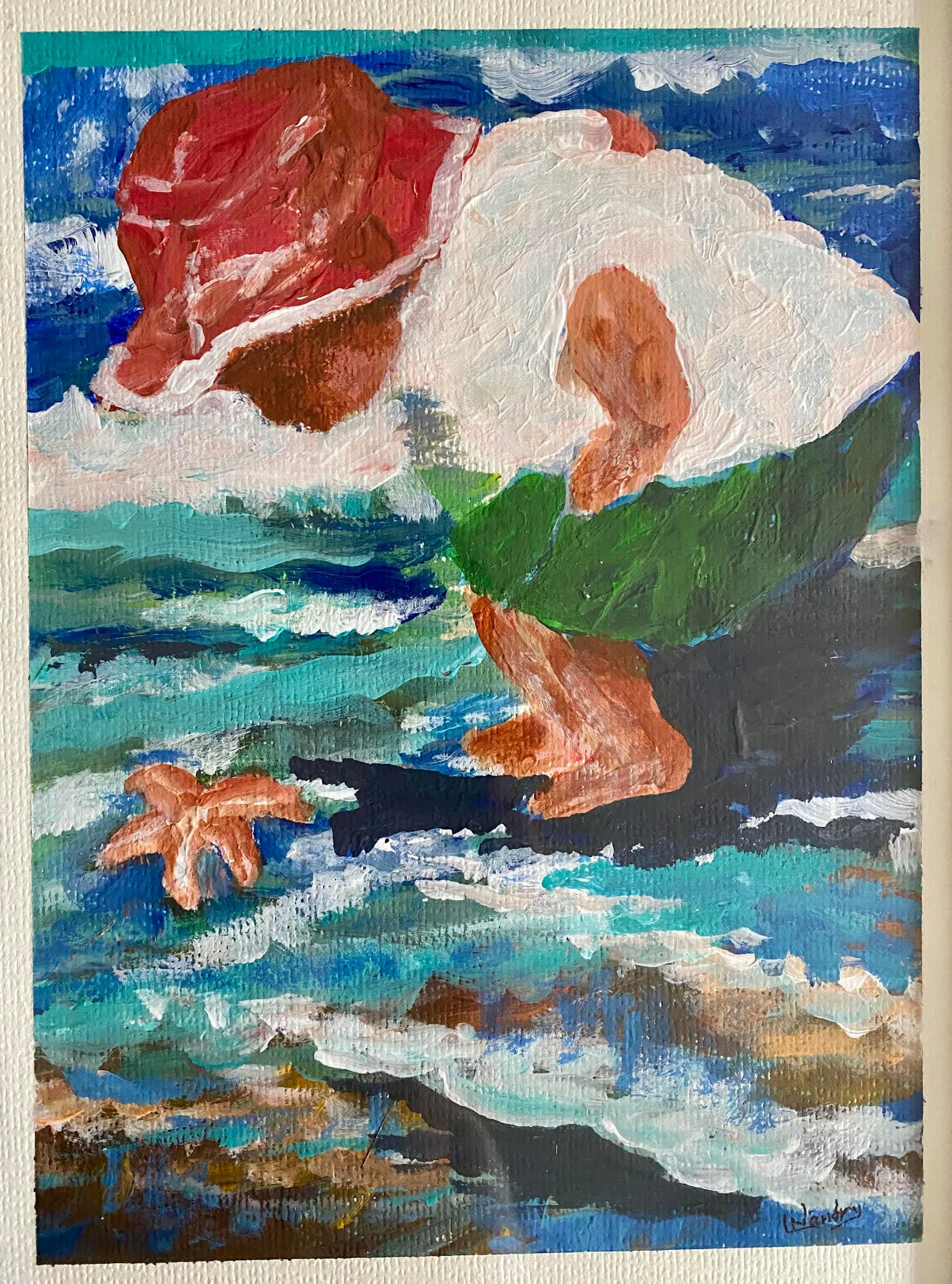 Child in Red Hat at Beach Waves