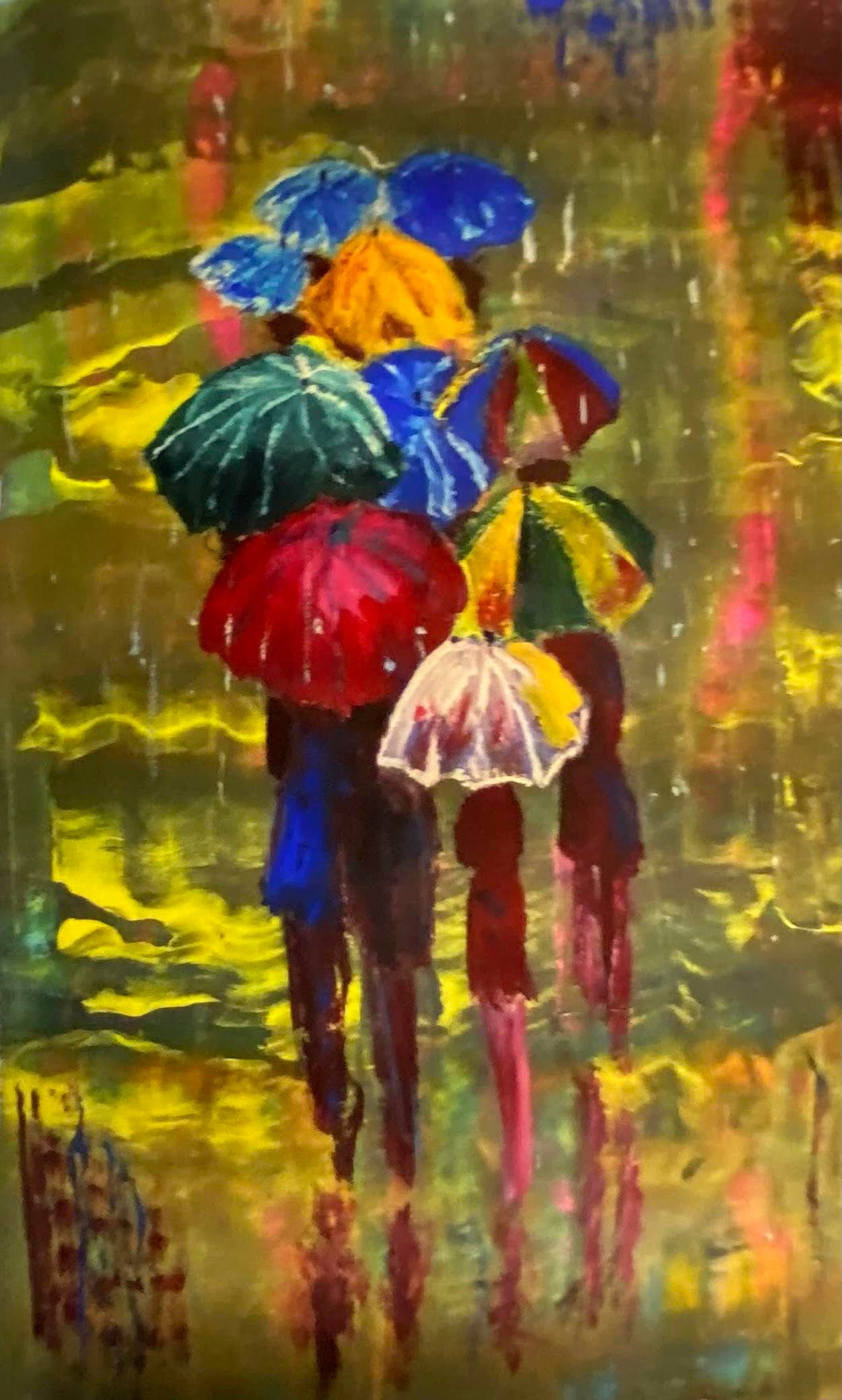 Colorful Umbrellas on Rainy Street