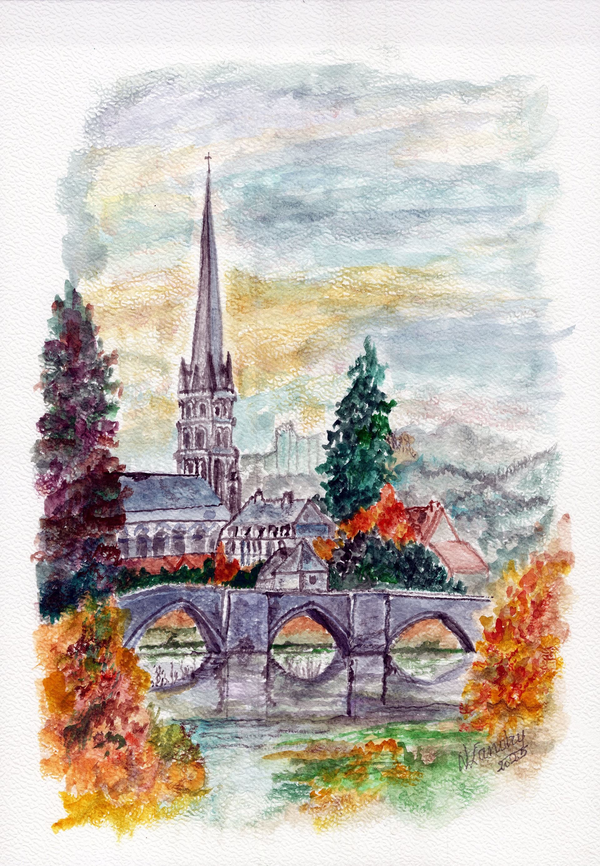 European Church with Bridge in Autumn