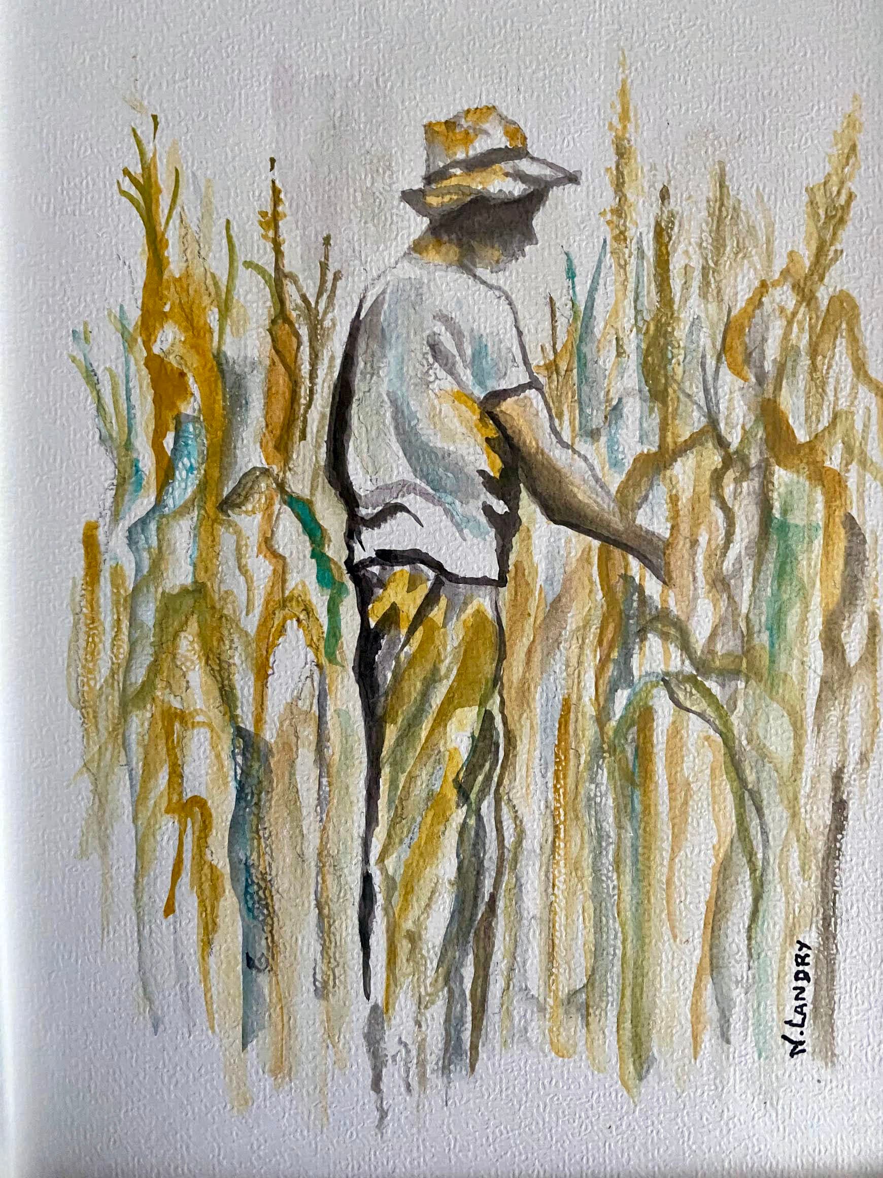 Farmer in Wheat Field with Hat