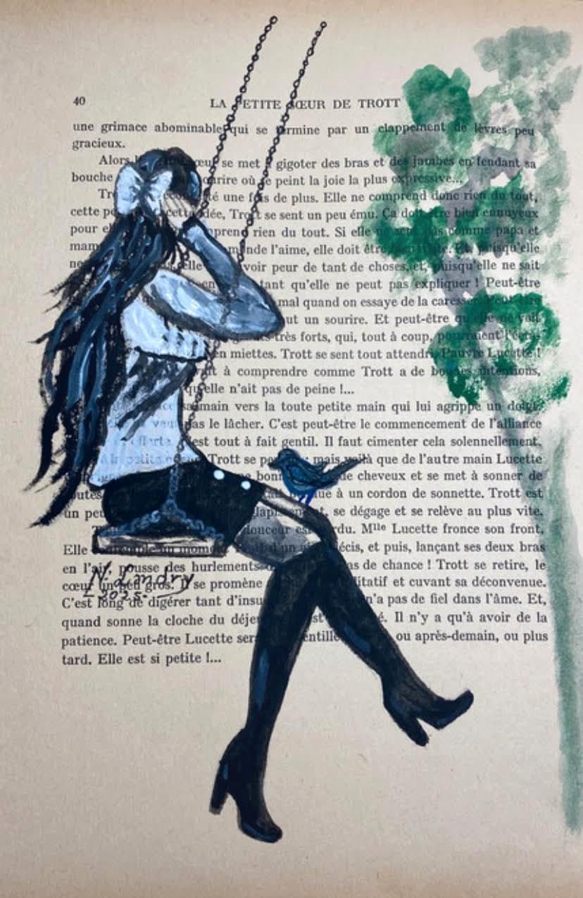 Girl in Blue Dress Walking on Book Page