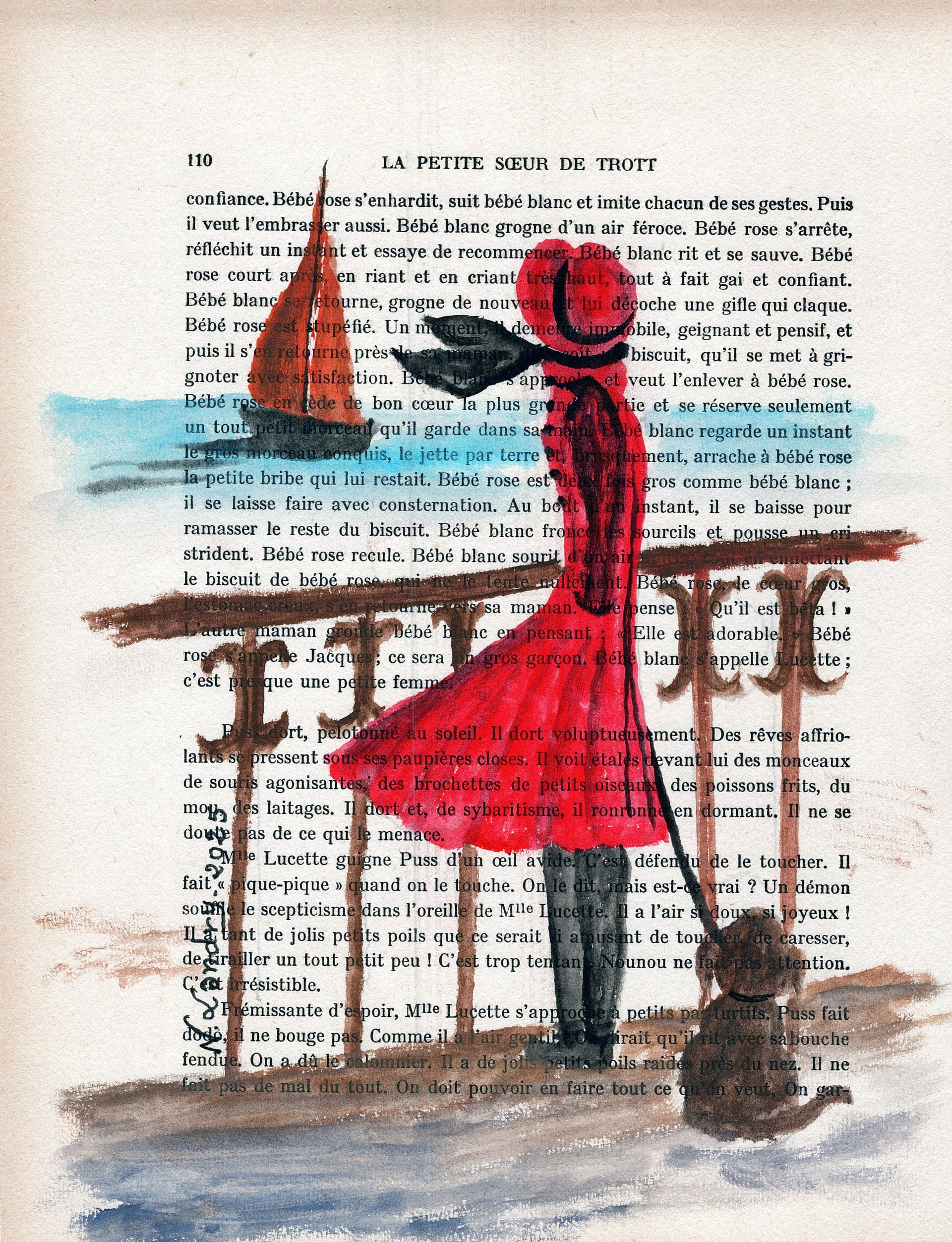 Girl in Red Coat Walking in Winter on Book Page