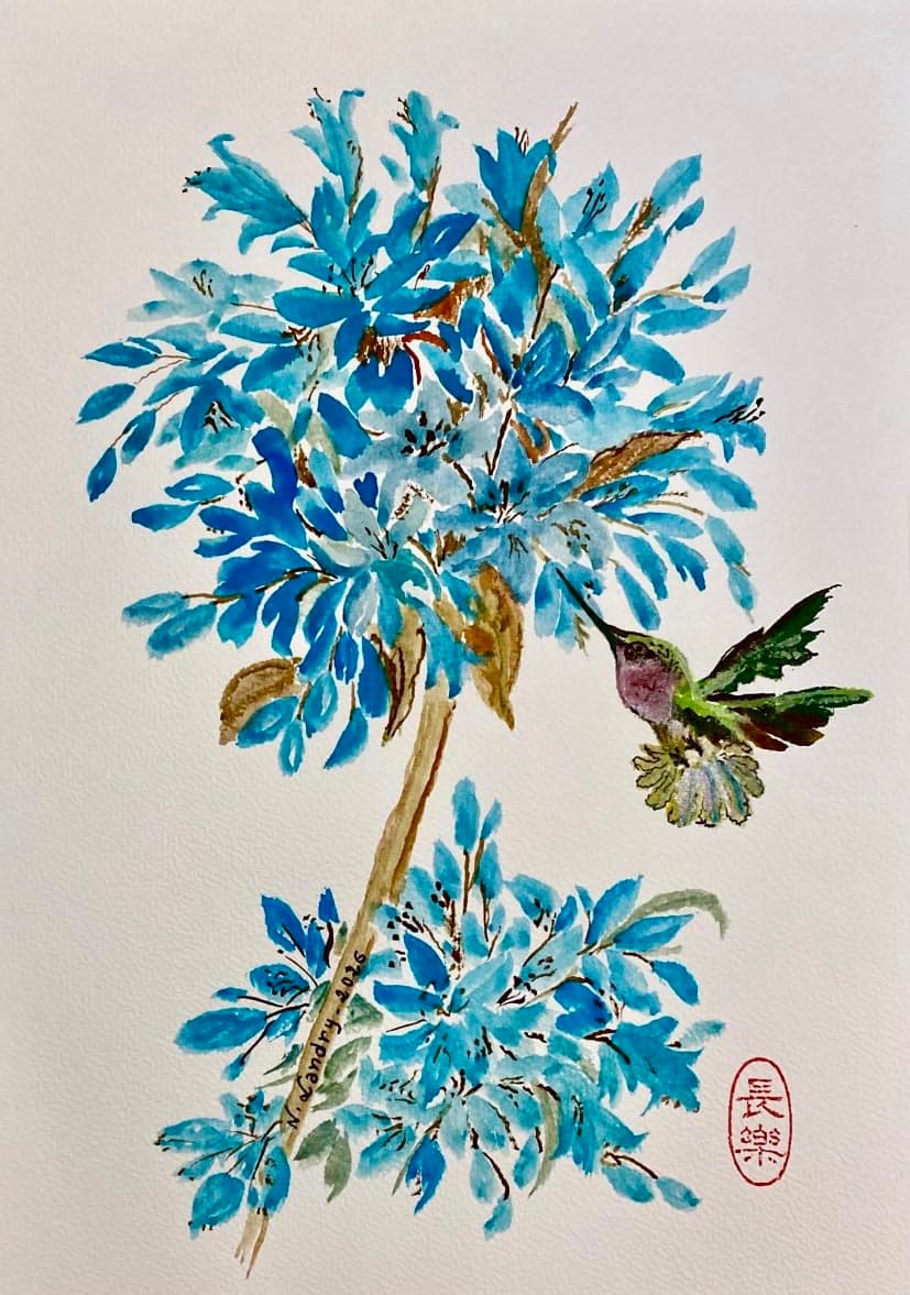 蓝花间的蜂鸟