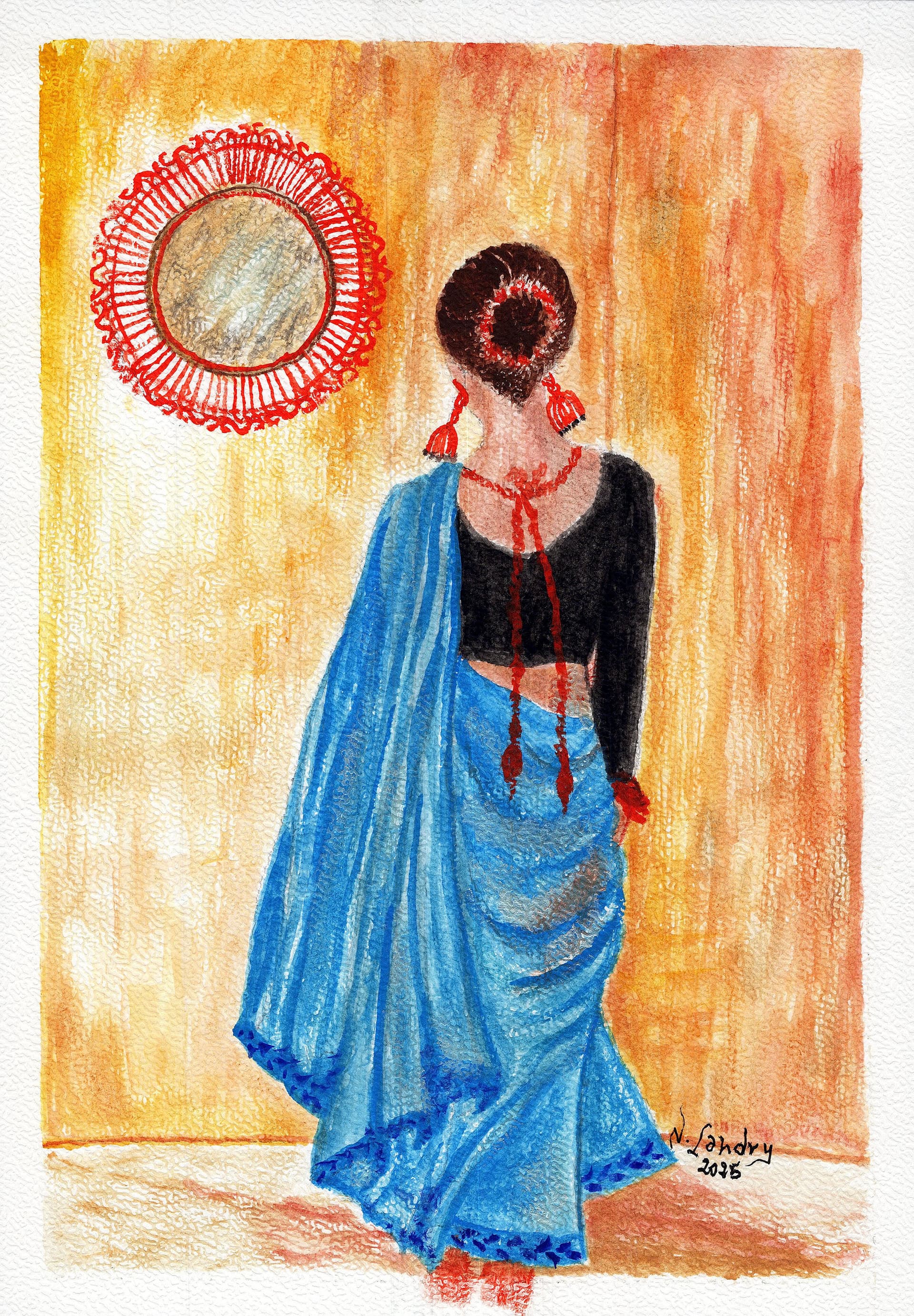 Woman in Blue Sari Admiring Mirror