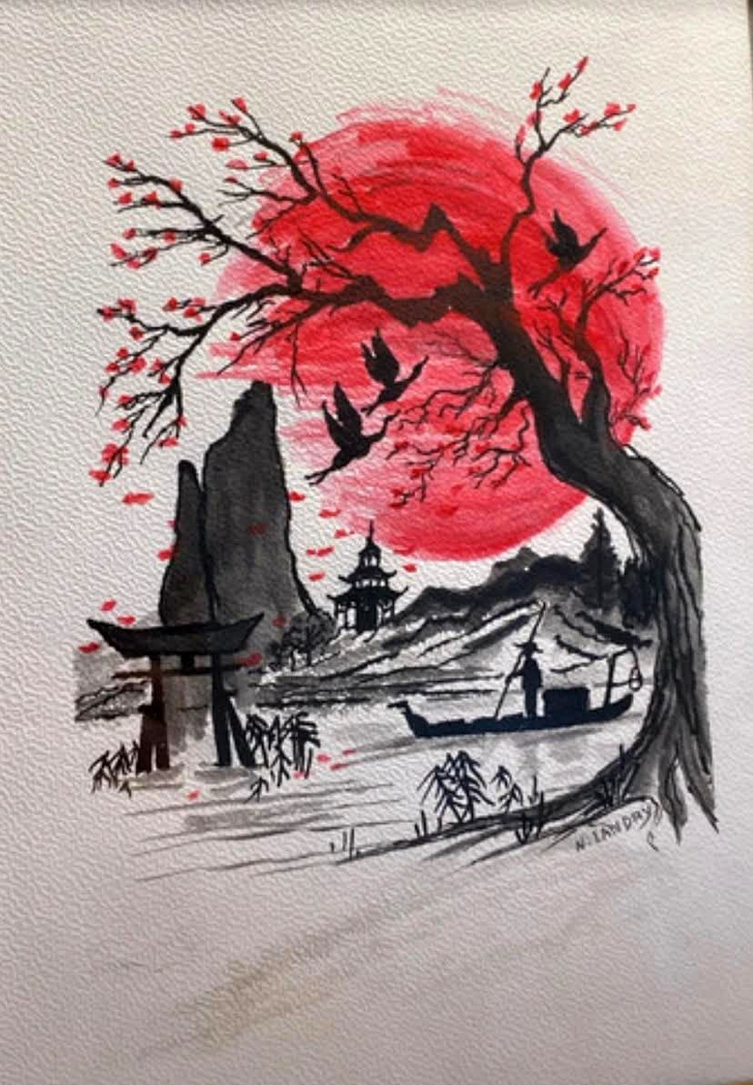 Cherry Blossom Temple at Red Sun