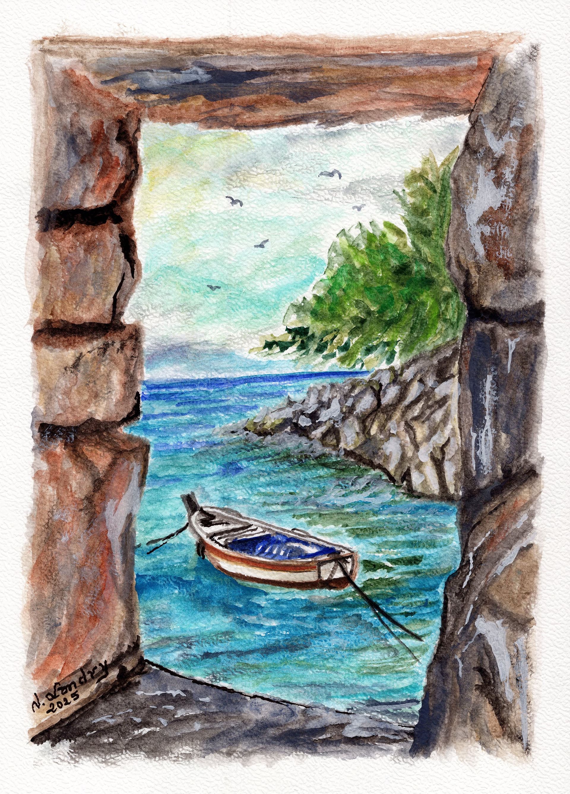 Mediterranean Boat Framed by Stone Window