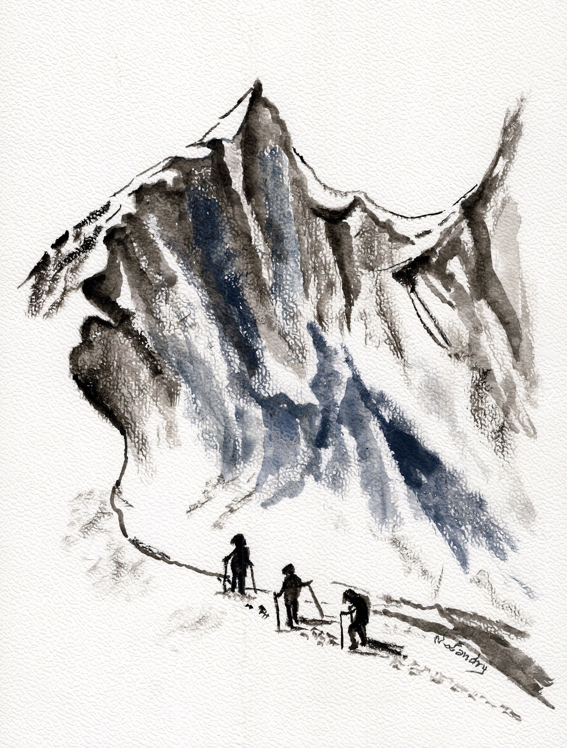 Mountain Climbers on Snowy Peak