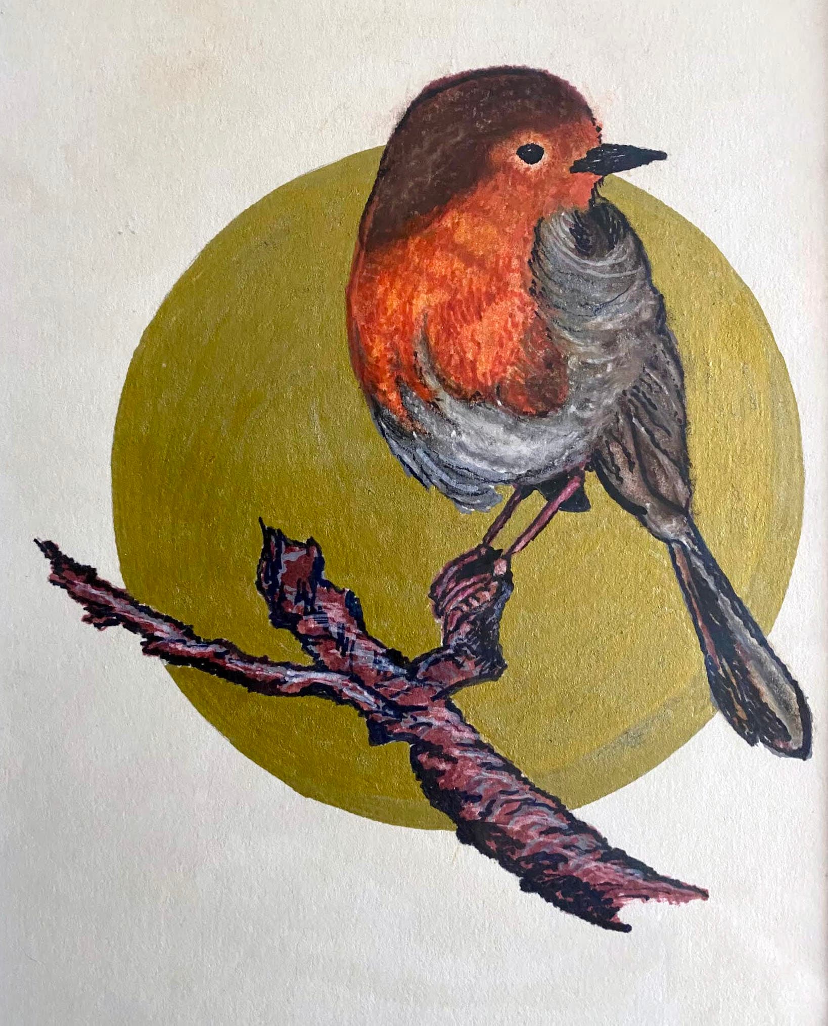 Robin on Branch with Golden Moon