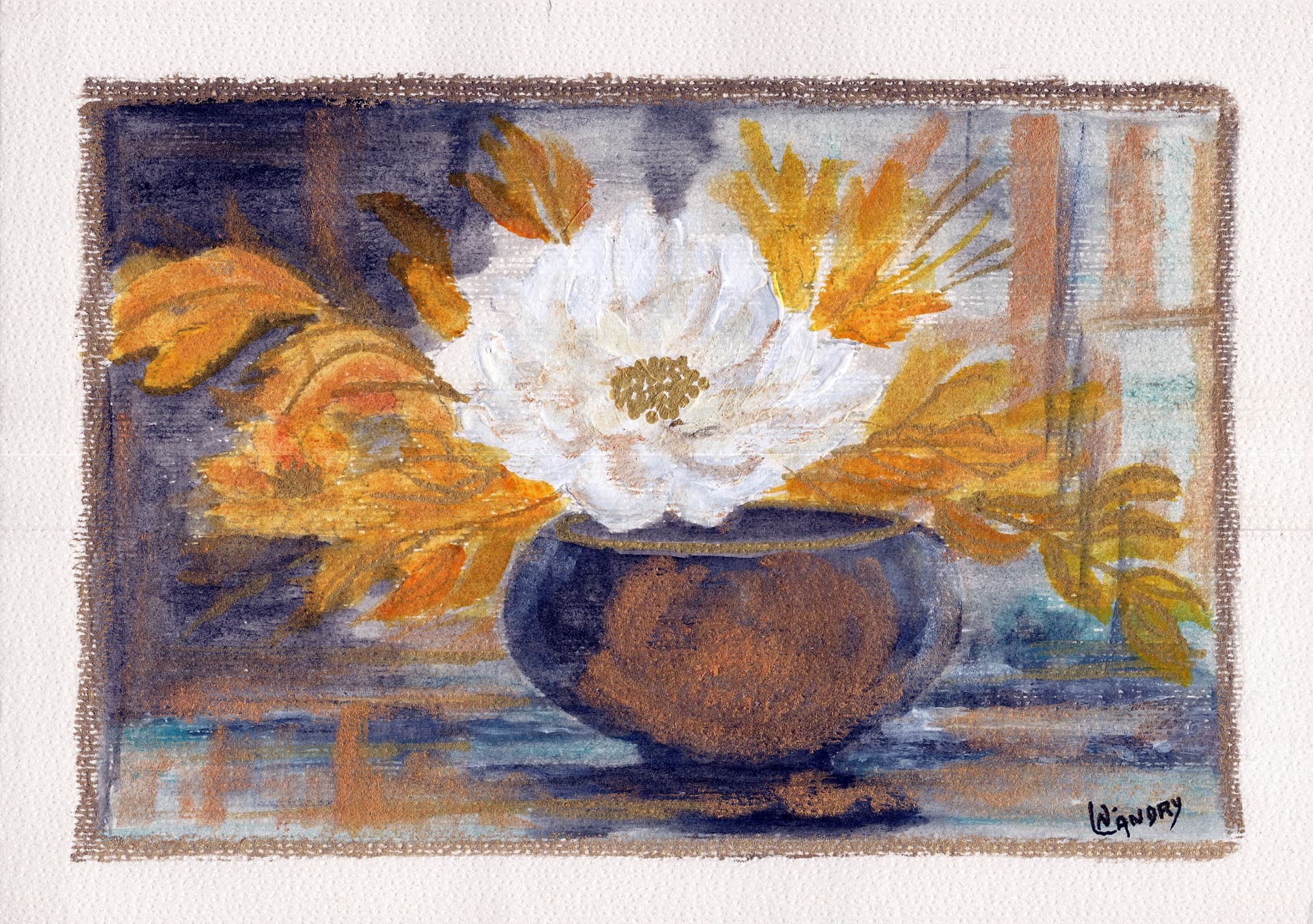 White Bloom with Golden Leaves in Vase