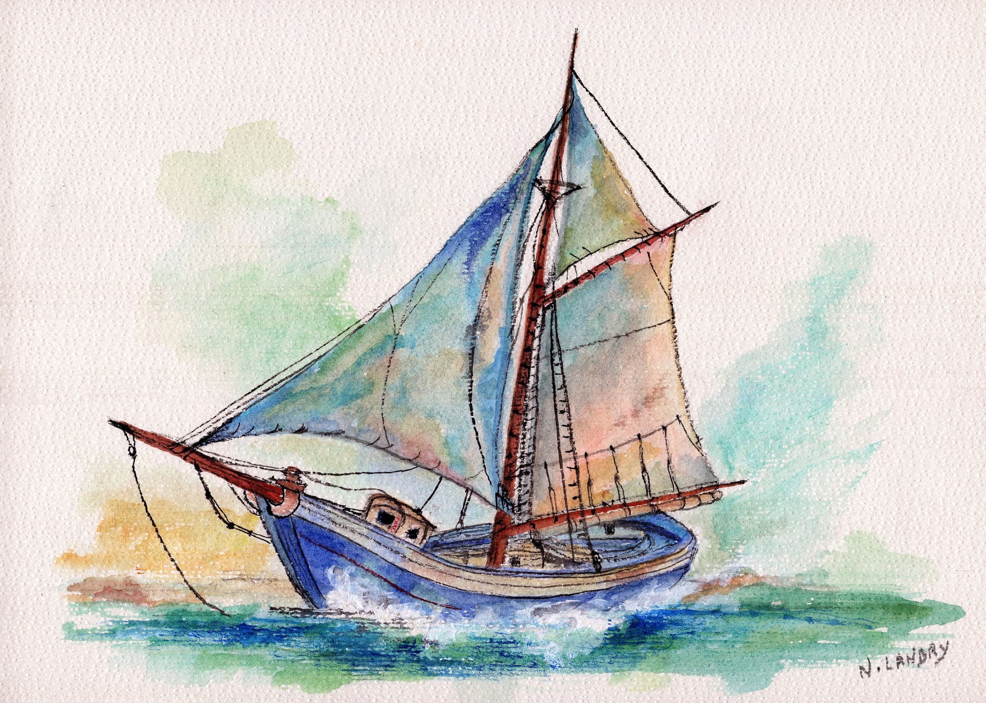 Sailboat with Blue Sails on Water
