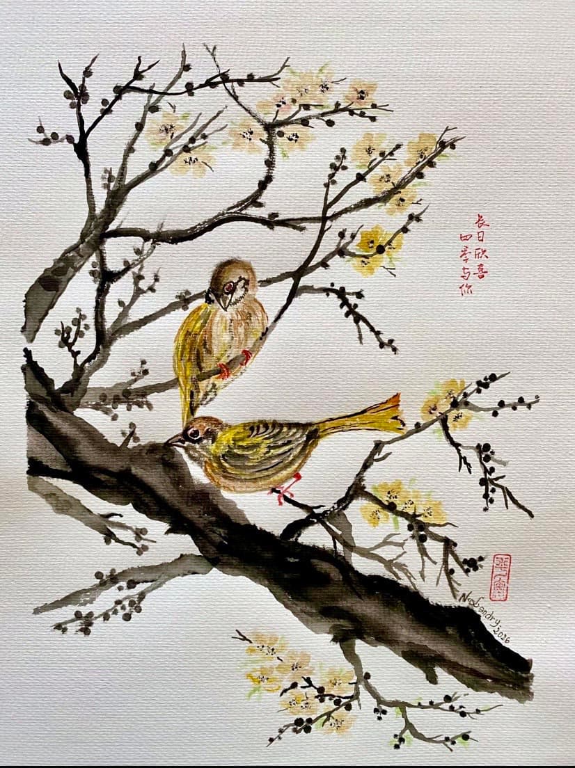 黄花枝头双鸟