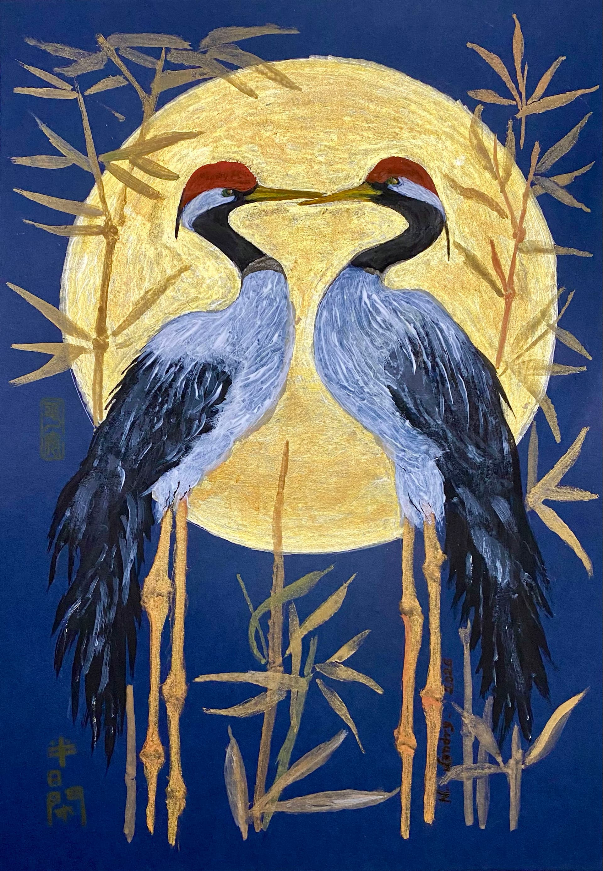 Two Red-Crowned Cranes Under a Golden Moon
