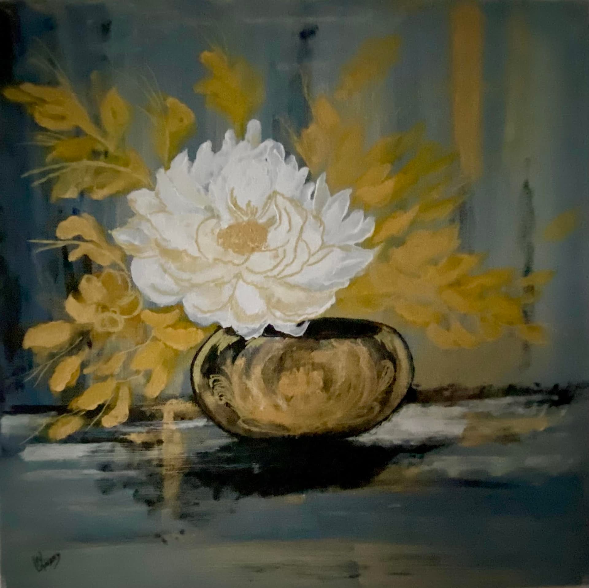 White Flowers with Yellow Stems in Vase