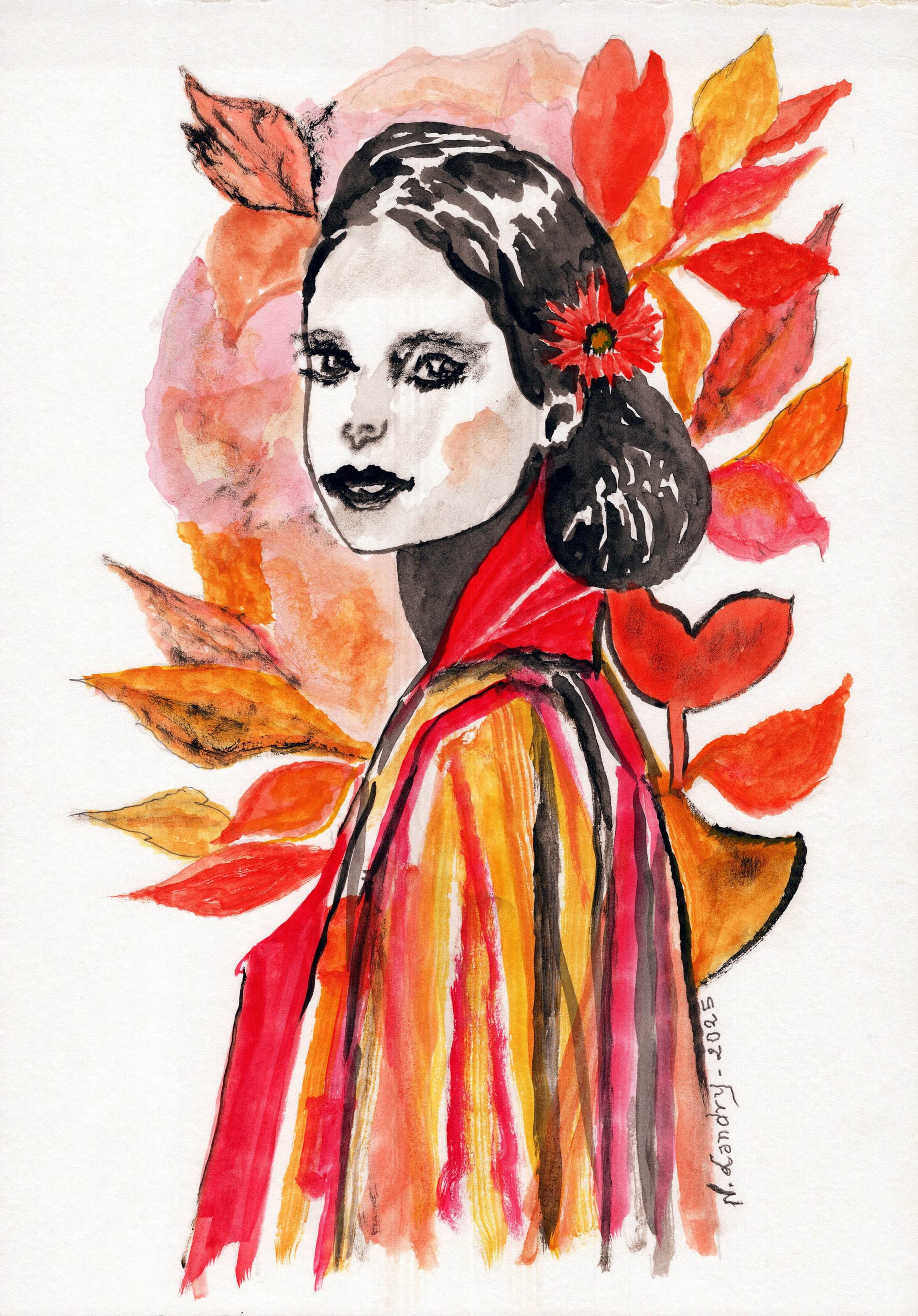 Woman with Autumn Flowers and Leaves