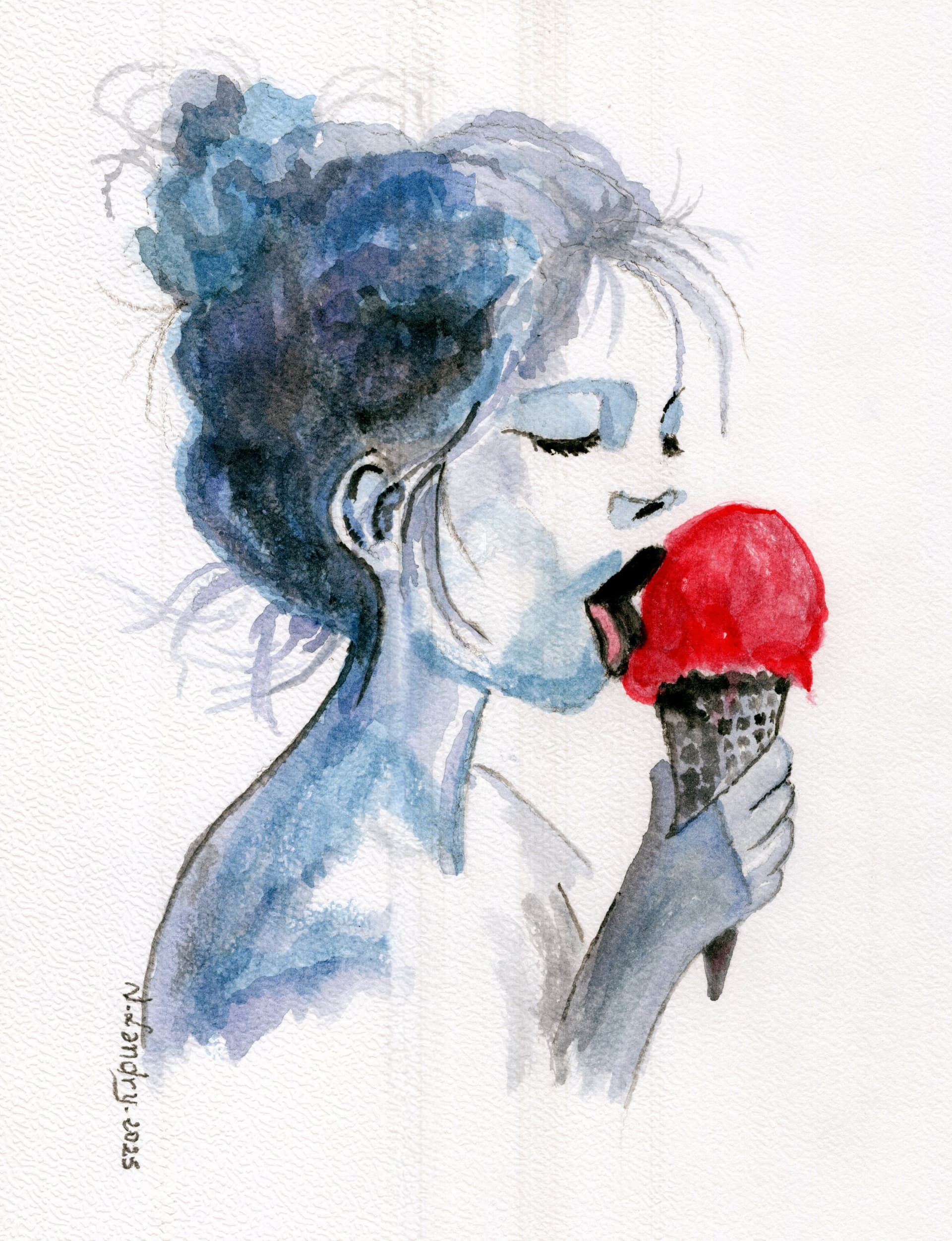 Woman with Blue Hair Holding Ice Cream