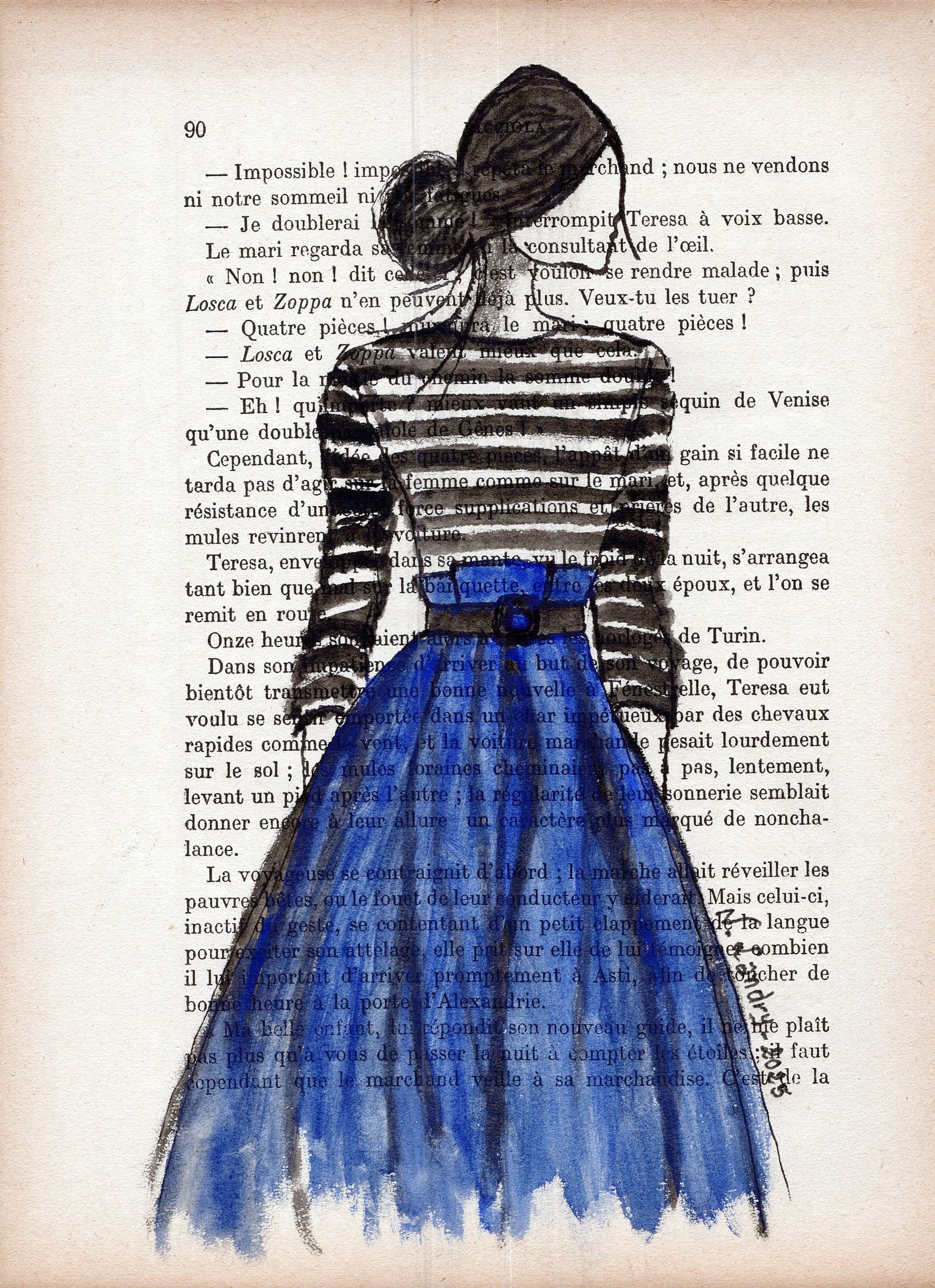 Woman in Striped Shirt and Blue Skirt with Book