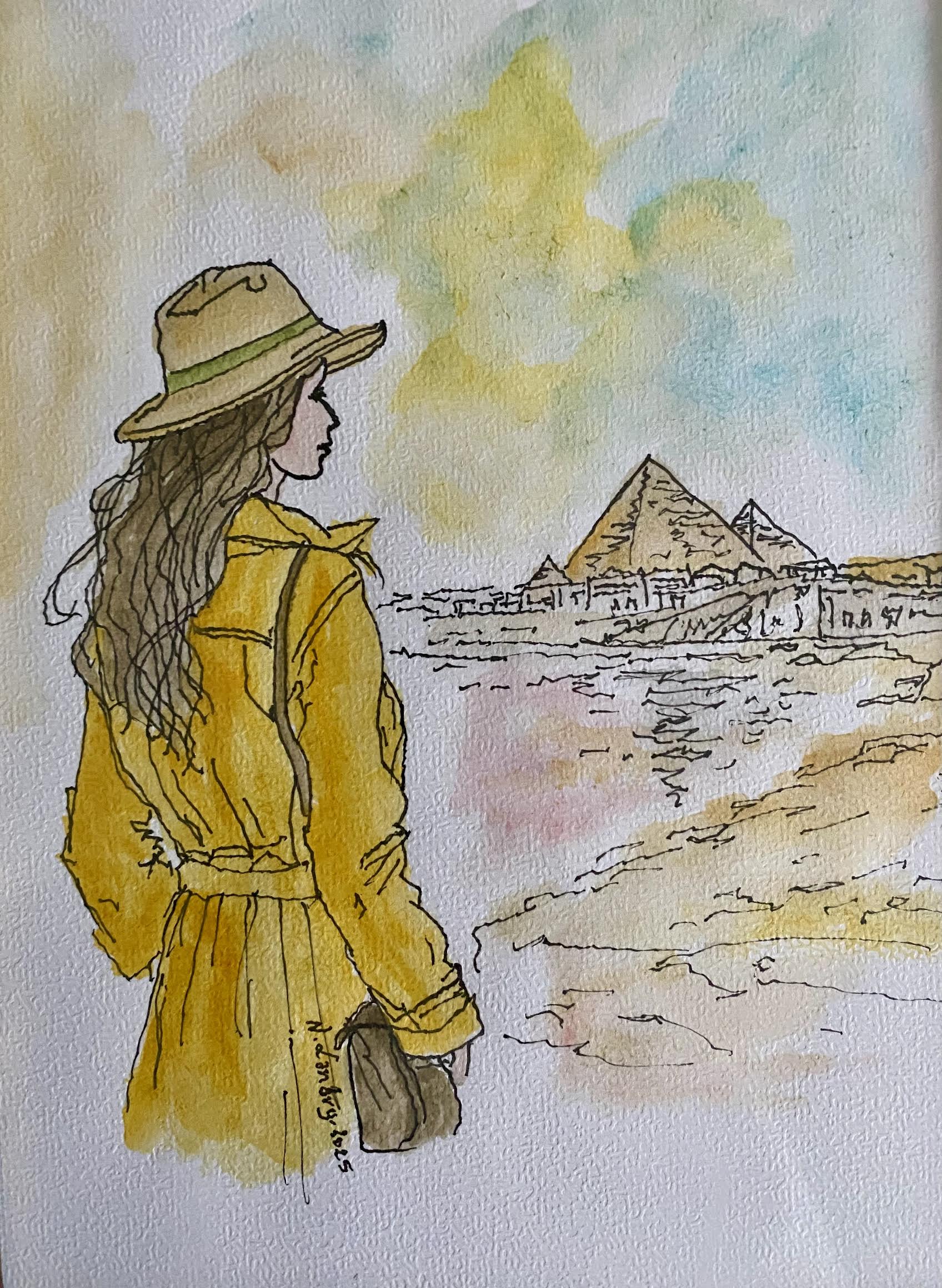 Woman in Yellow Coat at Egyptian Pyramids