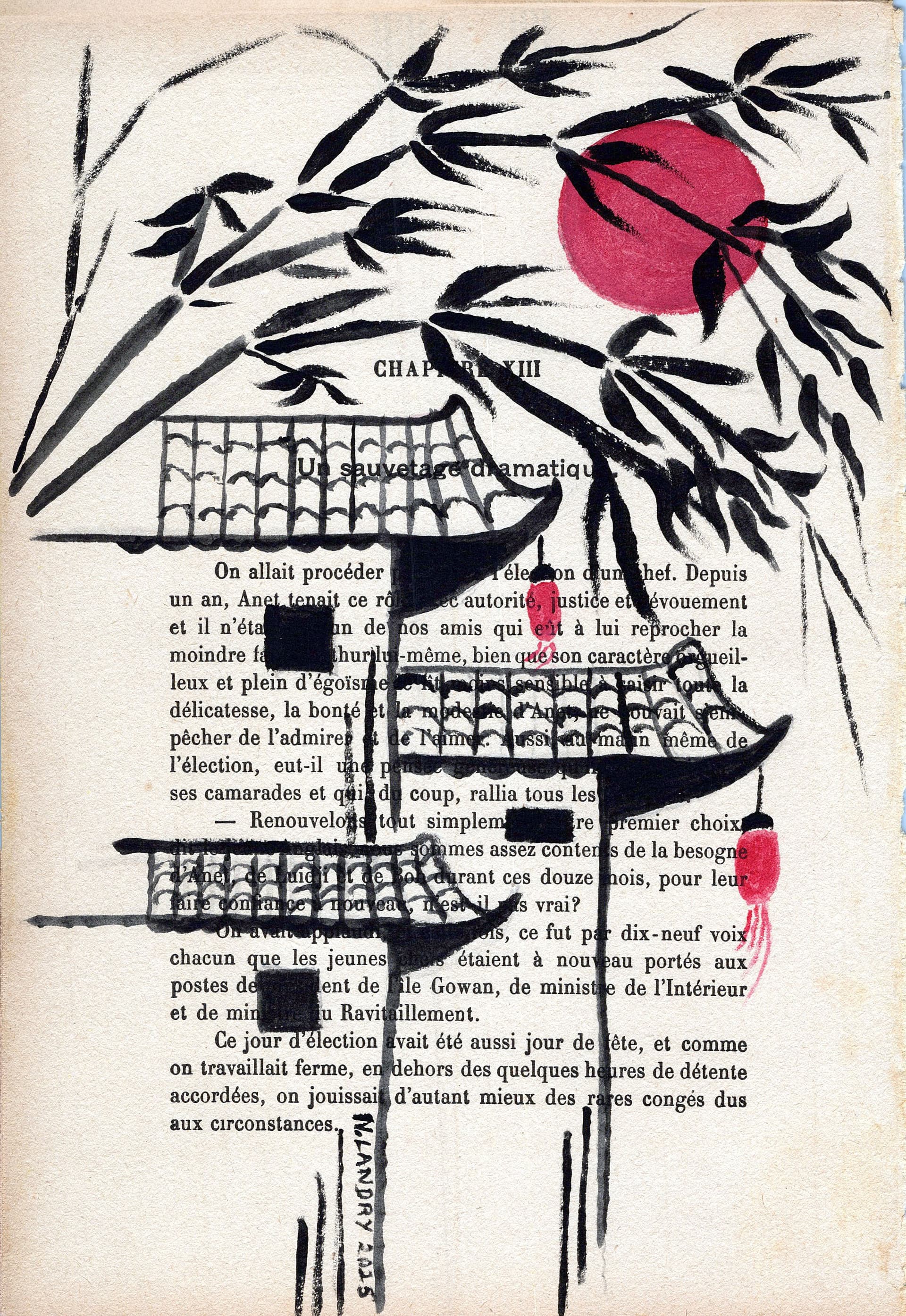 Asian Pagoda with Pink Moon on Book Page