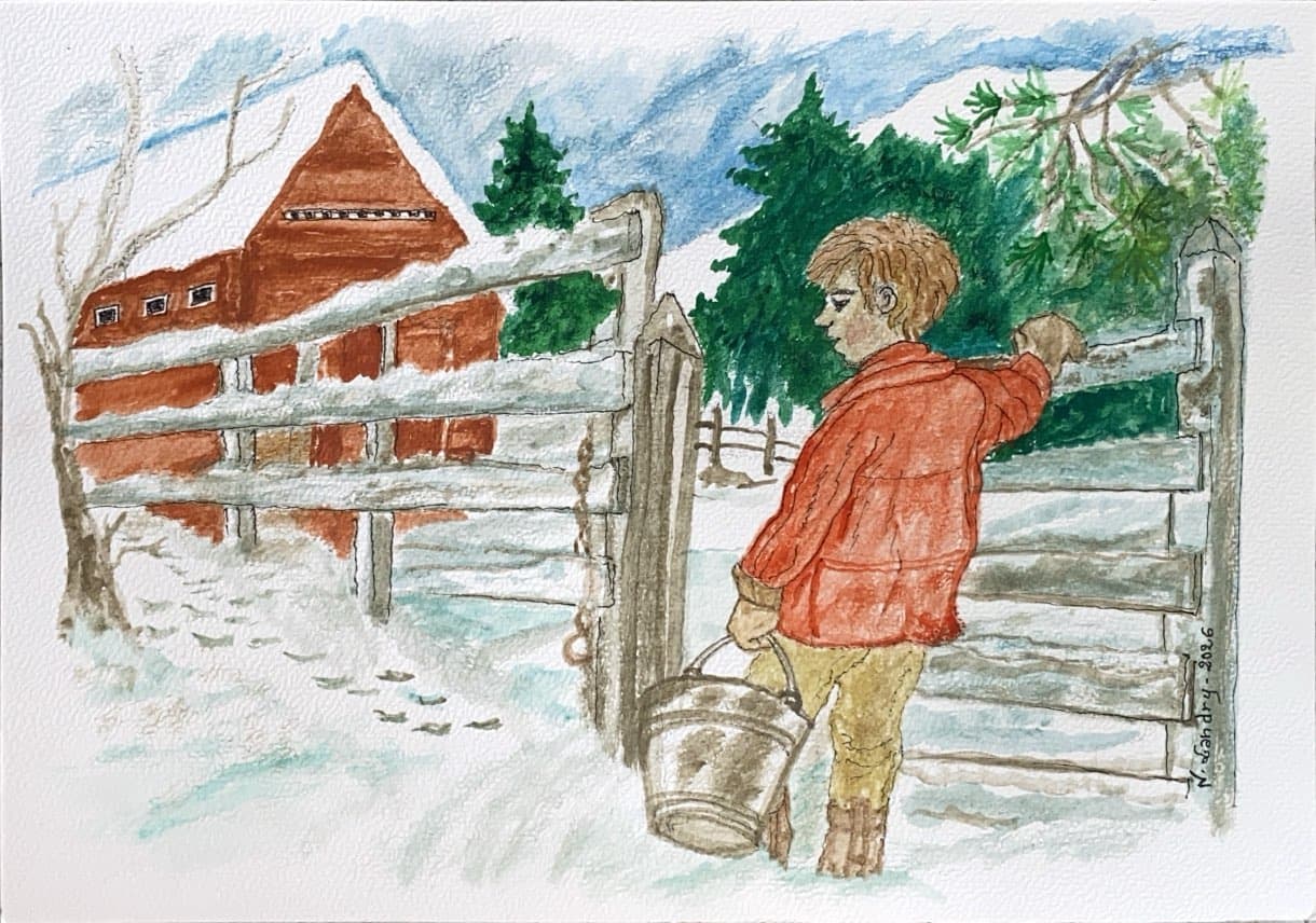 雪中农场门边的孩子