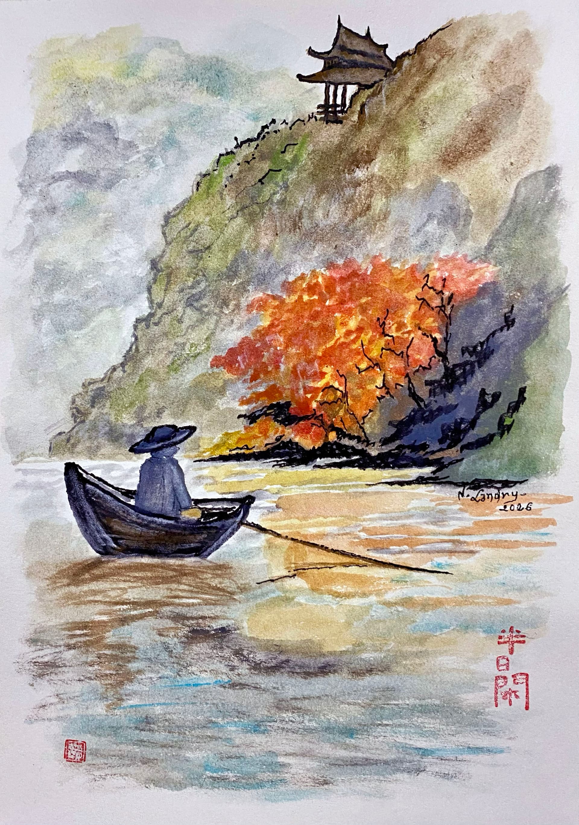 秋崖渔舟