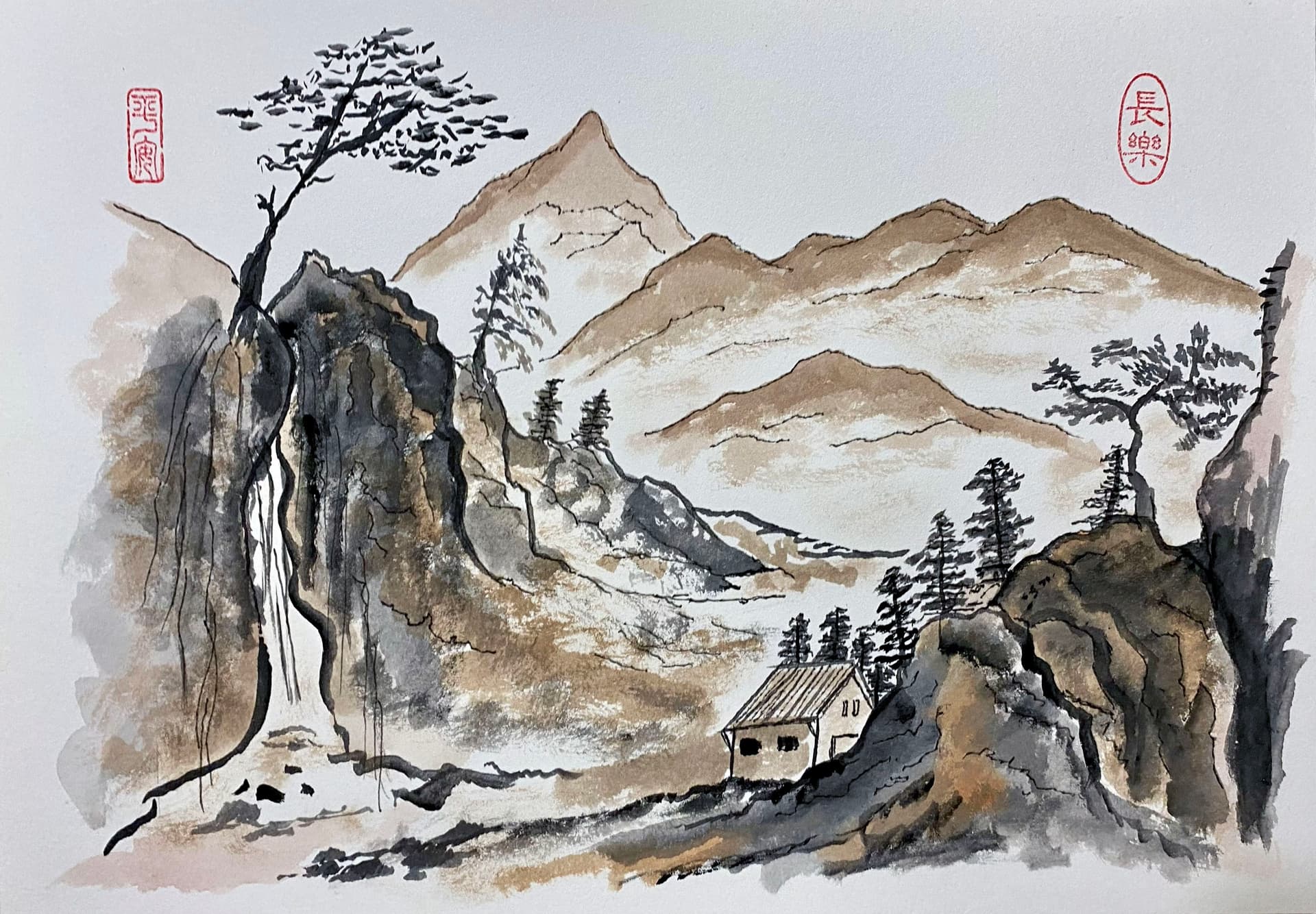 Mountain Cottage Ink Landscape