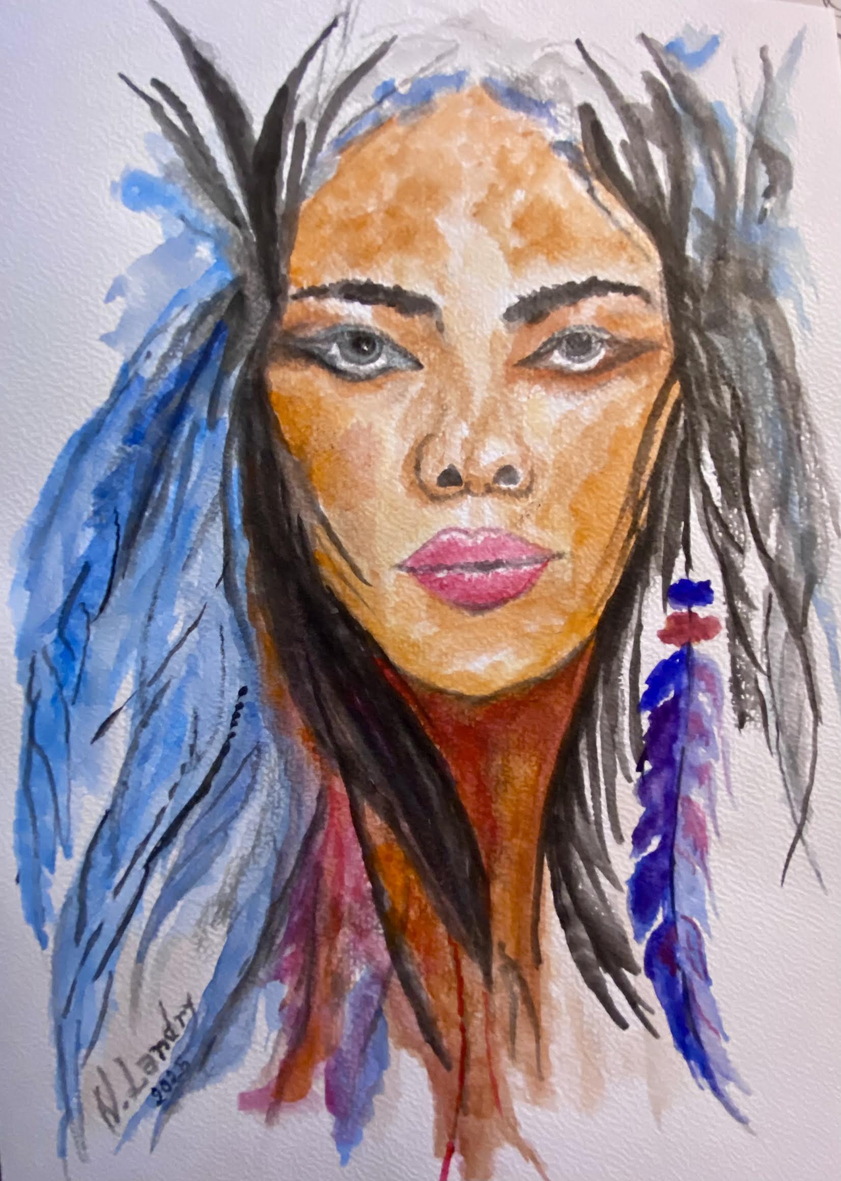 羽饰的原住民女性肖像
