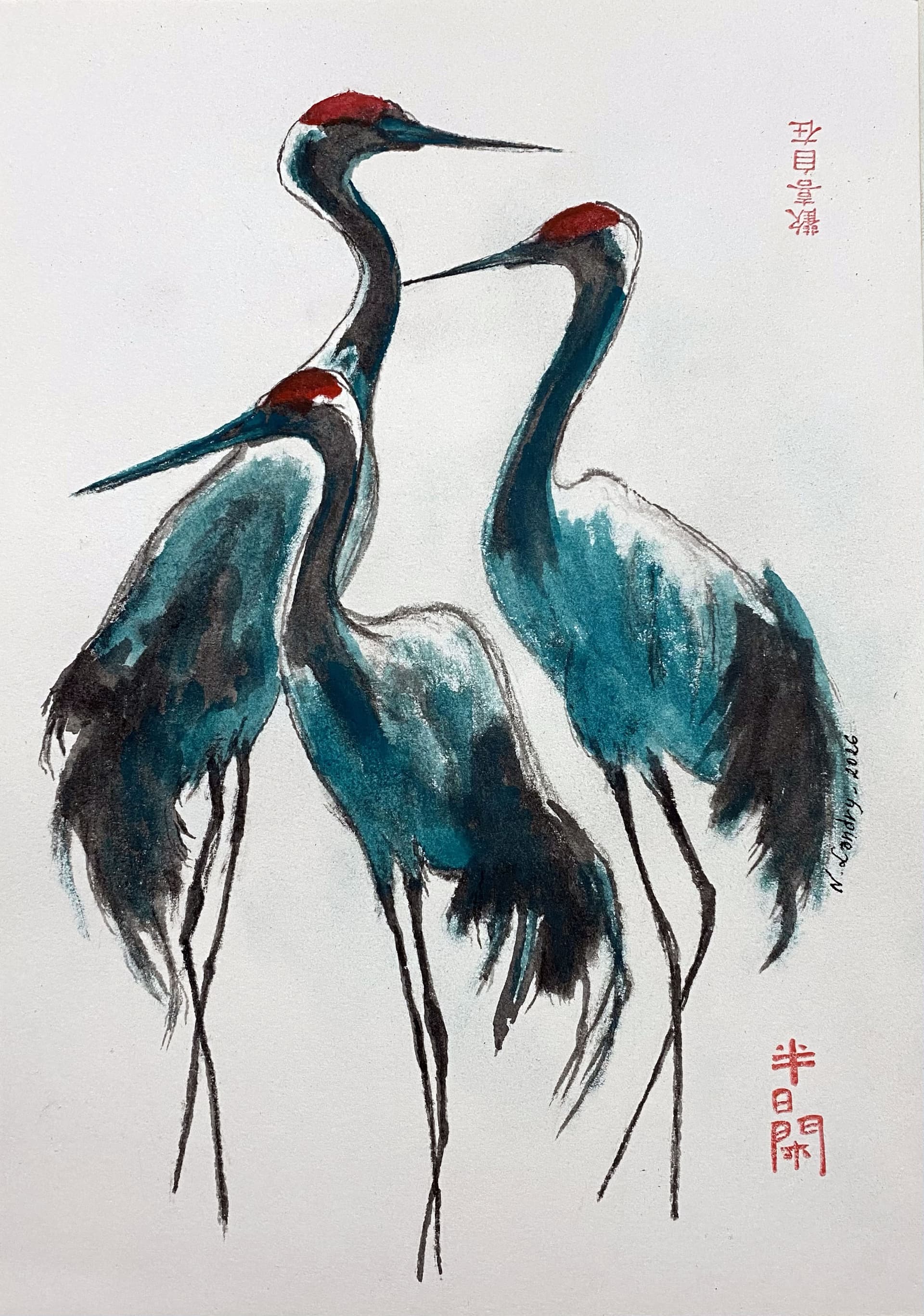Three Red-Crowned Cranes