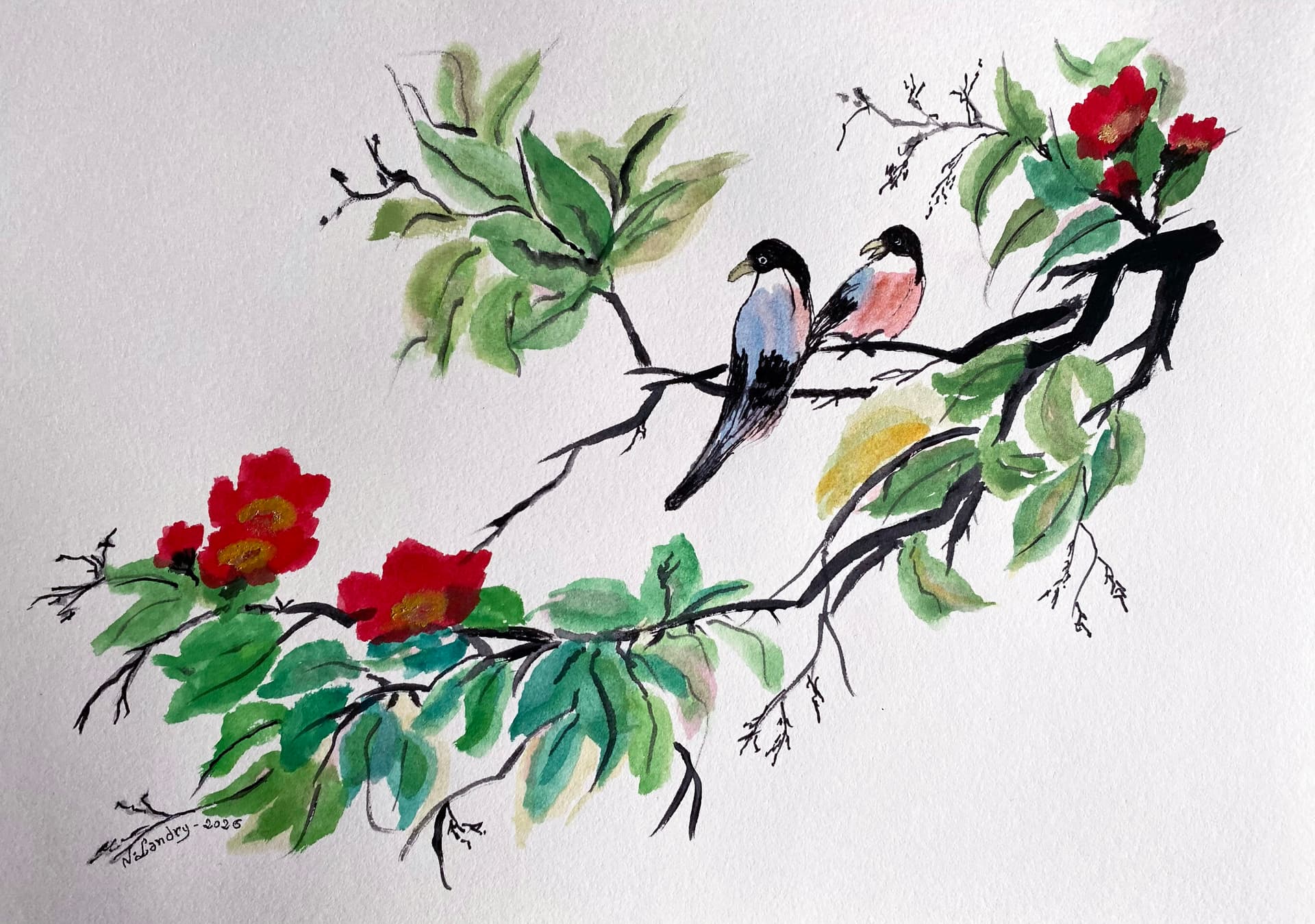 Two Birds on a Camellia Branch
