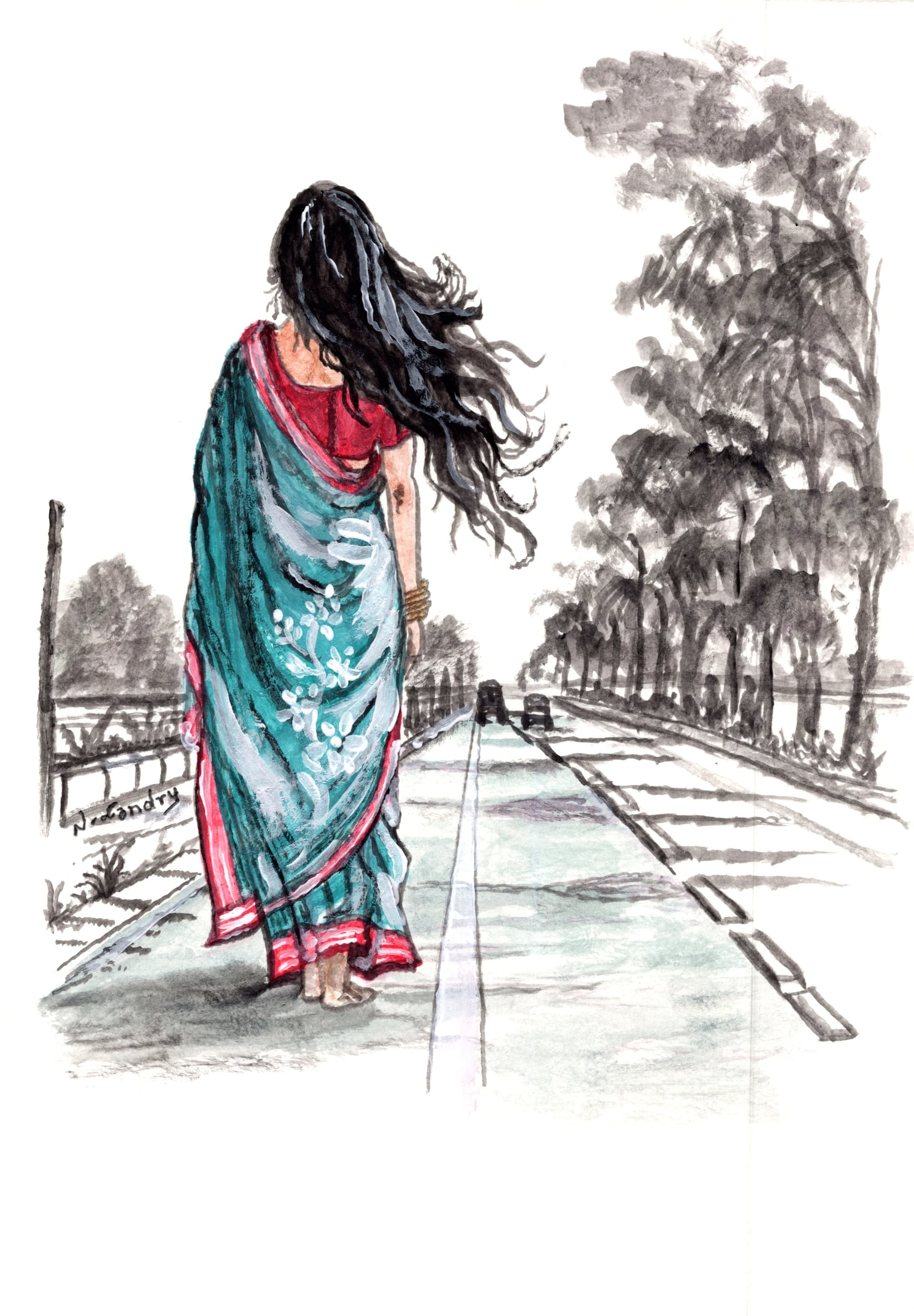 蓝色纱丽树路上的女人