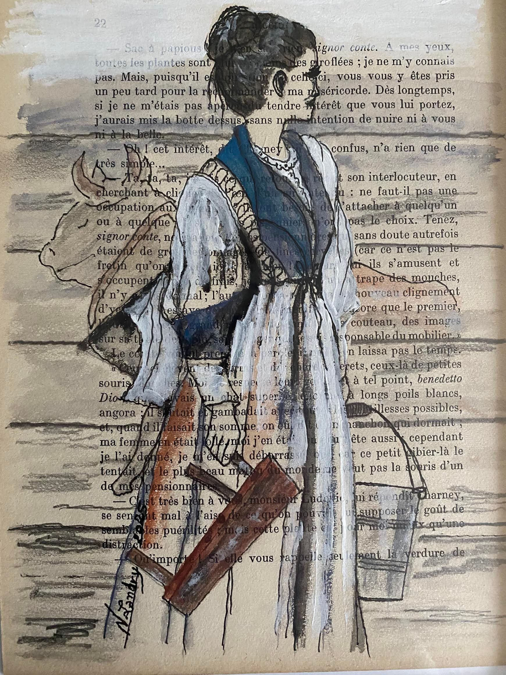 Woman in Striped Dress with Suitcase and Book