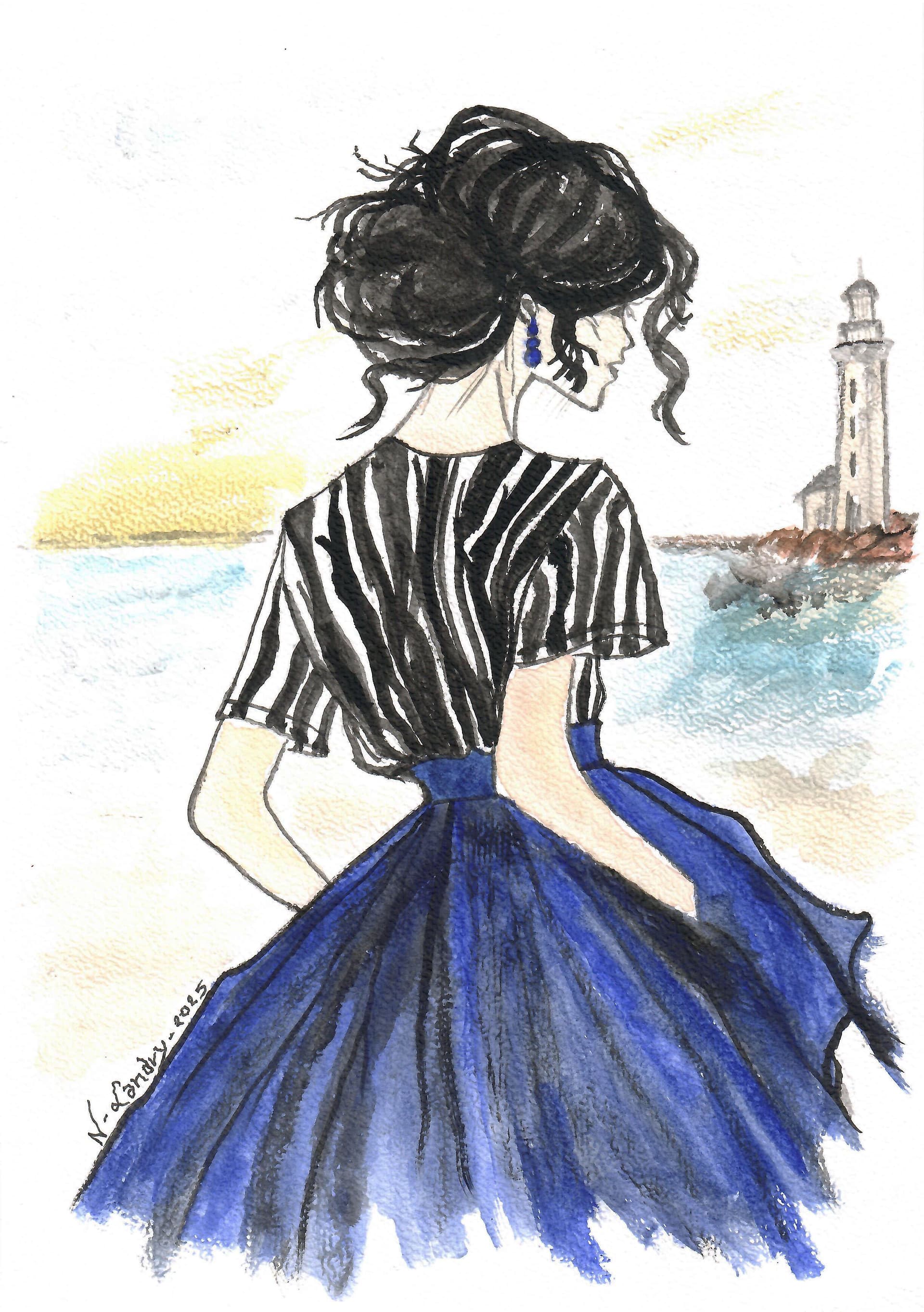 Woman in Striped Shirt and Blue Skirt