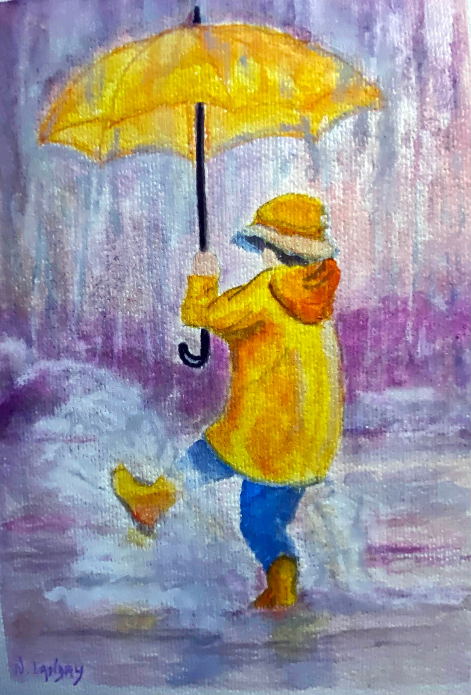 拿黄伞的雨中孩子